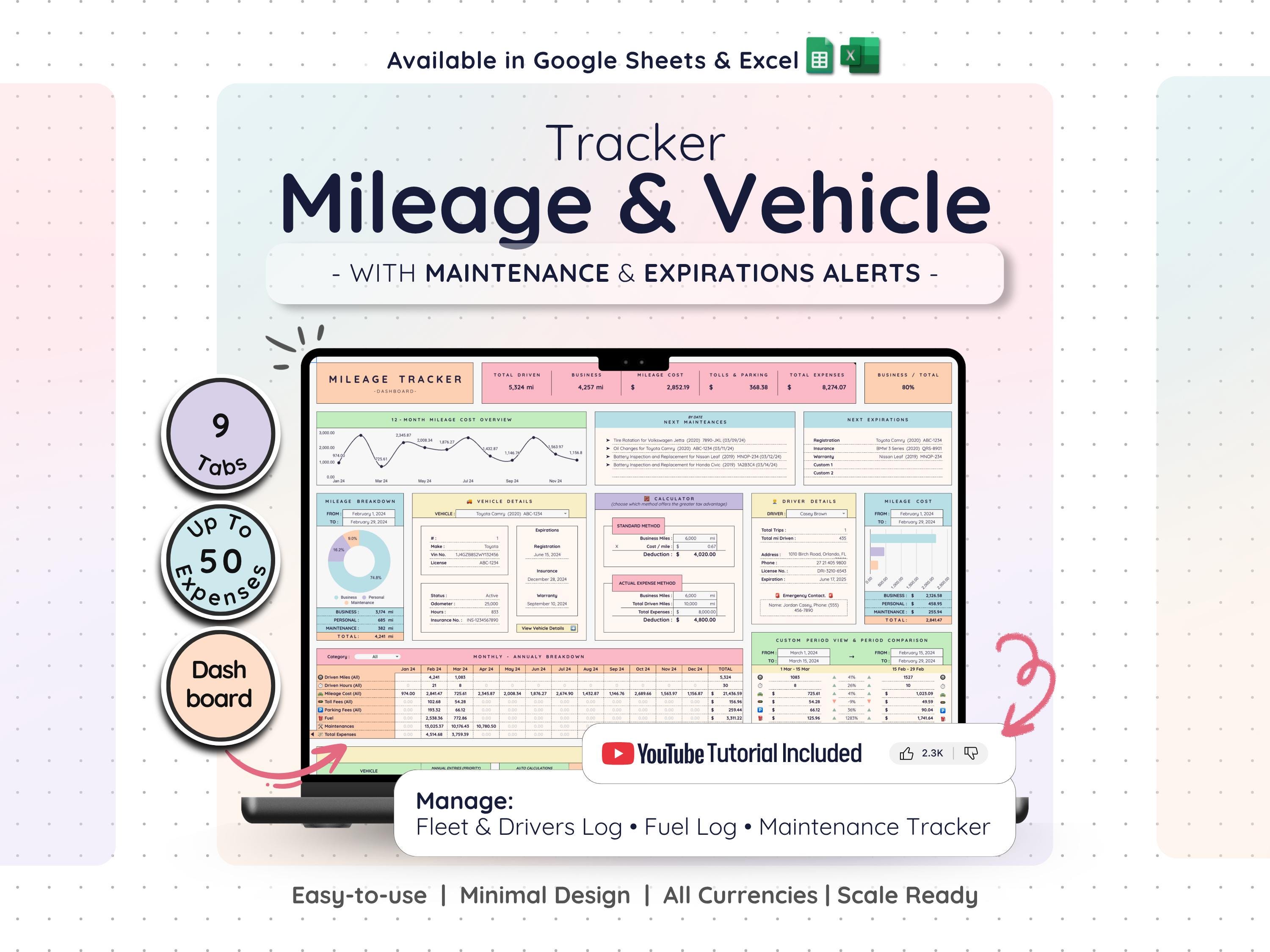 Mileage Tracker Expense Log Google Sheets Excel Vehicle Business ...