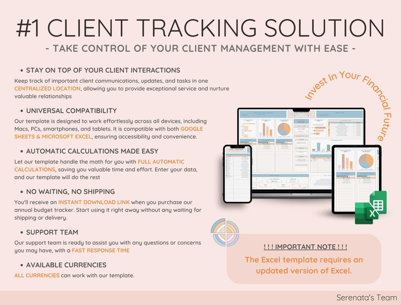 May include: A digital client tracking solution displayed on a computer, tablet, and smartphone. The image includes charts and graphs, with the text "#1 Client Tracking Solution" and "Invest in Your Financial Future."
