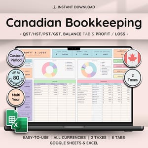 Plantilla de contabilidad canadiense Google Sheets Excel Pequeña empresa Ingresos Ventas Impuesto Rastreador Ganancias Pérdidas Ingresos Gastos Planificador de contabilidad