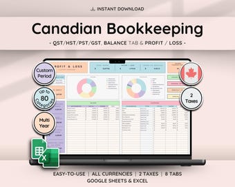 Canadian Bookkeeping Business Spreadsheet Template w/ Revenue Tracker | Sales Tax | Profit and Loss for Small Businesses