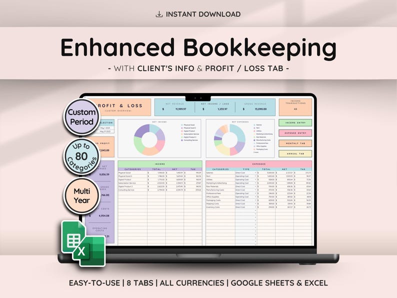 Profit and Loss Easy Bookkeeping Template & Business Spreadsheet with Income and Expense Tracker | Tax Planner and Client Tracker image 1