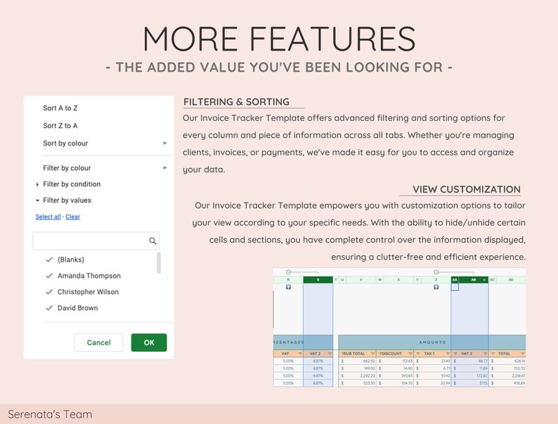 Explore our Invoice Tracker template with robust sorting and filtering options for efficient data management. Plus, easily hide/unhide cells to tailor your view for a clutter-free, personalized experience.