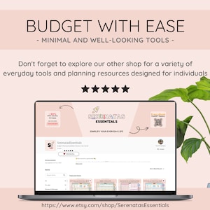 May include: A laptop computer screen displaying a website for Serenatas Essentials, a shop selling printable planning resources. The website features a rocket ship logo and the text "Simplify Your Everyday Life". The website also features a variety of printable resources, including a budget planner, a meal planner, and a habit tracker. The laptop is sitting on a table with a green plant in the background.