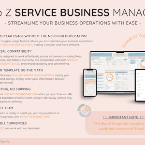 May include: A digital business template titled "A to Z Service Business Manager" with the tagline "Streamline Your Business Operations With Ease." The image includes a laptop, tablet, and smartphone displaying the template, along with an Excel icon. Text highlights features like universal compatibility and automatic calculations.