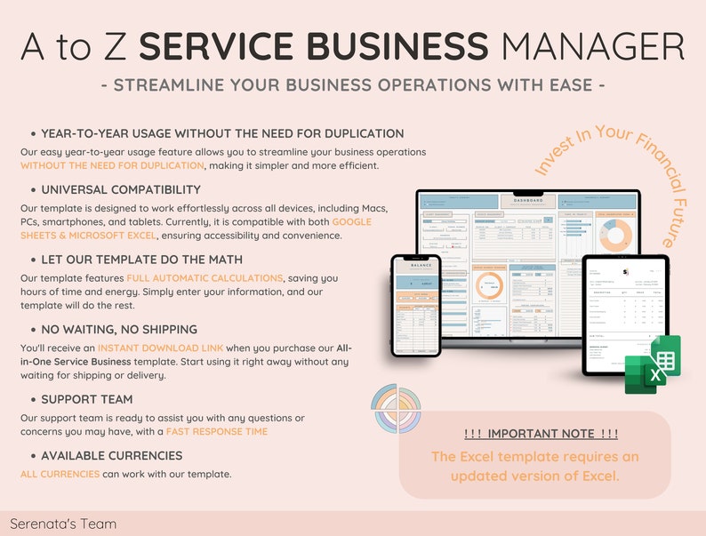 May include: A digital business template titled "A to Z Service Business Manager" with the tagline "Streamline Your Business Operations With Ease." The image includes a laptop, tablet, and smartphone displaying the template, along with an Excel icon. Text highlights features like universal compatibility and automatic calculations.