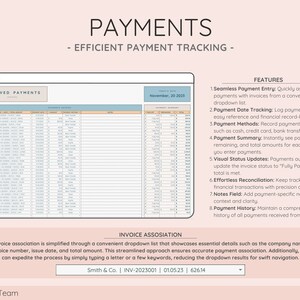 Seamlessly track payments by recording, associating with invoices, and analyzing cash flow data using the Payments Tracker tab, ensuring financial clarity and control.