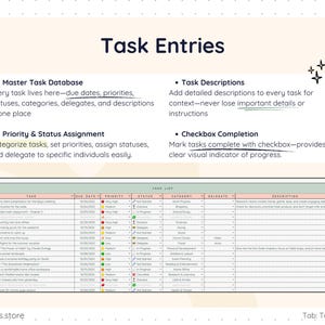 Task database page of a task tracker spreadsheet template showing due dates, priorities, statuses, categories, delegates, descriptions, and completion checkboxes. Helps organize every task in one place, assign responsibilities, track progress, and store detailed notes for improved productivity.