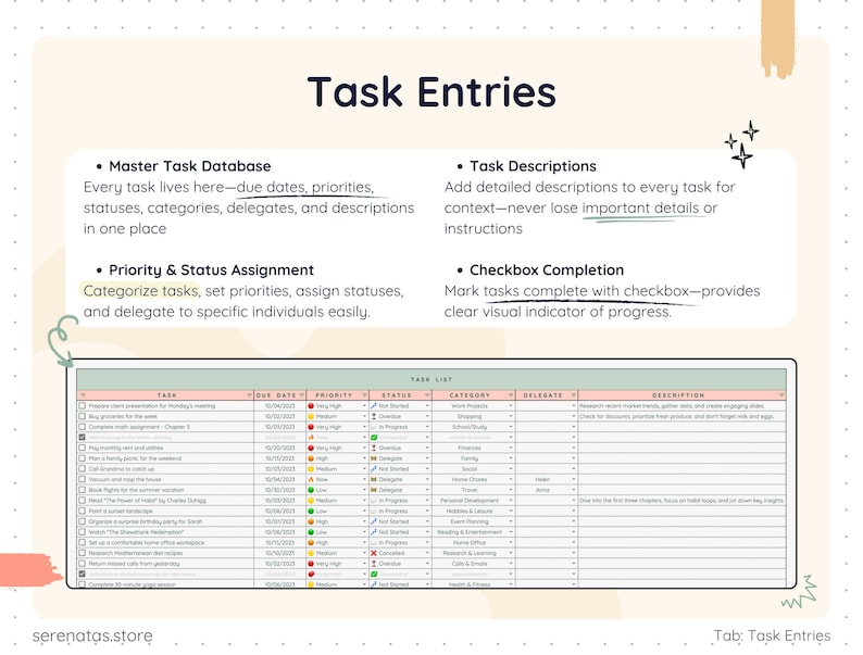 Task database page of a task tracker spreadsheet template showing due dates, priorities, statuses, categories, delegates, descriptions, and completion checkboxes. Helps organize every task in one place, assign responsibilities, track progress, and store detailed notes for improved productivity.