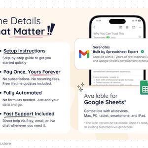 Informational graphic for a Google Sheets meal planner highlighting important details, including step-by-step setup instructions, pay once lifetime access, fully automated spreadsheet with no formulas required, and fast customer support via Etsy, email, or live chat. Image also shows Google Sheets compatibility across Mac, PC, tablet, smartphone, and iPad, with a clean green minimalist design and Serenatas branding.