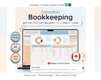 Puede incluir: Una hoja de cálculo digital de contabilidad canadiense para Google Sheets y Excel con panel de pérdidas y ganancias, gráficos circulares y seguimiento de impuestos. La interfaz incluye 80 categorías y un tutorial de YouTube.