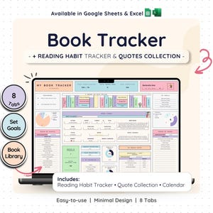 Reading Journal Spreadsheet Google Sheets Excel Book Tracker Template Digital Book Log Reading List Planner Library Organizer Review