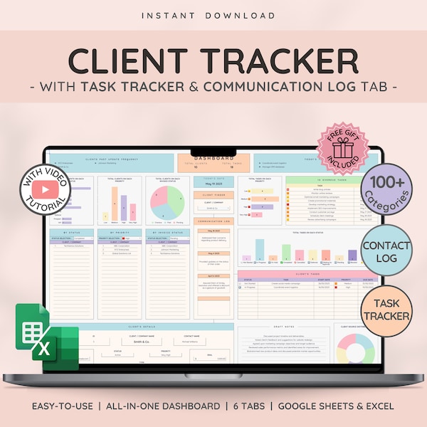 Client Tracker & Management for Small Businesses | CRM Tracker w/ Task Tracker and Communication Log for Customer and Lead Management