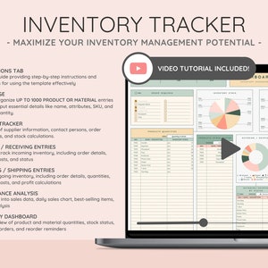 Puede incluir: Una pantalla de port&aacute;til muestra una plantilla de seguimiento de inventario. La plantilla incluye secciones para instrucciones, configuraci&oacute;n, seguimiento de proveedores, entradas entrantes/recepci&oacute;n, entradas salientes/env&iacute;o, an&aacute;lisis de rendimiento y un panel de inventario. El texto dice "Inventory Tracker".