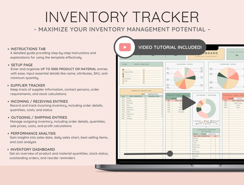 Puede incluir: Una pantalla de port&aacute;til muestra una plantilla de seguimiento de inventario. La plantilla incluye secciones para instrucciones, configuraci&oacute;n, seguimiento de proveedores, entradas entrantes/recepci&oacute;n, entradas salientes/env&iacute;o, an&aacute;lisis de rendimiento y un panel de inventario. El texto dice "Inventory Tracker".