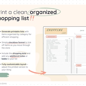 Printable grocery shopping list layout generated from the Smart Pantry template, featuring categorized items, quantities, checkboxes, shopping date, notes, and task sections. Designed for a clean, organized print-friendly experience to use while shopping.