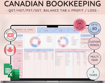 Bookkeeping Template for Canadian Tax Laws for Small Business Spreadsheet w/ Profit Tracker & Income Expense Tracker