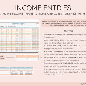 May include: A screenshot of a computer screen showing a spreadsheet with the title "Income Entries". The spreadsheet is used to track income transactions and client details. The text "Streamline Income Transactions and Client Details with Ease" is displayed at the top of the screen. The text "Most Common Tax Rate (s)" is displayed in a box at the bottom of the screen. The text "10.00%" is displayed in the box below the text "Most Common Tax Rate (s)".