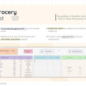 Automatic grocery list tab generated from meal plans and inventory, showing categorized items, calculated quantities, and options for manual customization. Designed to organize shopping efficiently, reduce forgotten items, and reflect real inventory levels while supporting stress-free grocery trips.