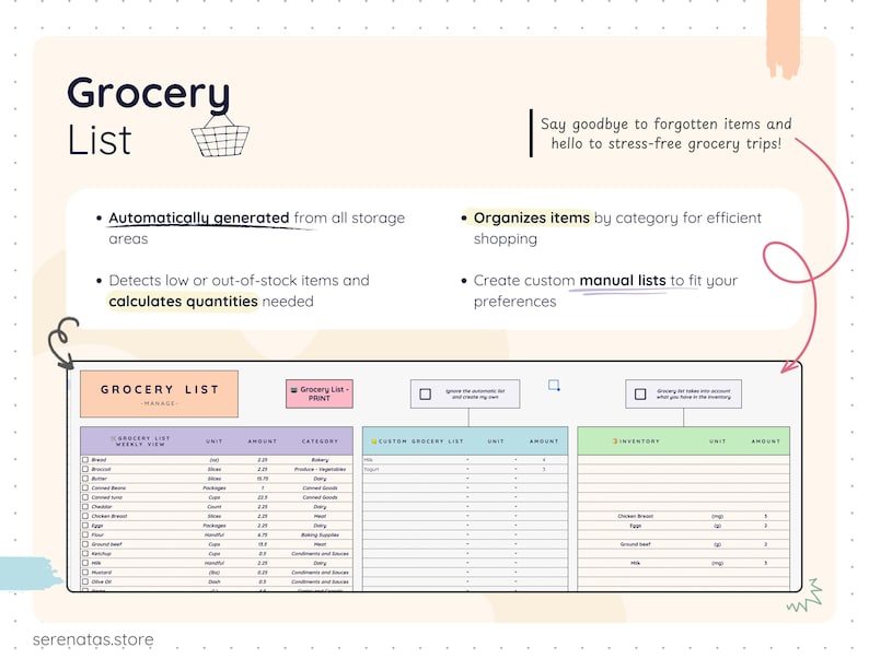 Automatic grocery list tab generated from meal plans and inventory, showing categorized items, calculated quantities, and options for manual customization. Designed to organize shopping efficiently, reduce forgotten items, and reflect real inventory levels while supporting stress-free grocery trips.