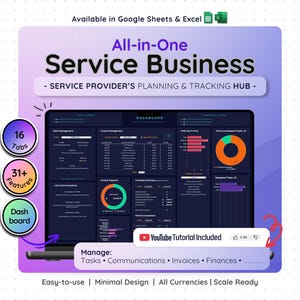 A laptop screen displaying a digital dashboard for a service business. The dashboard, labelled "All-in-One Service Business," shows data and charts. Text includes "16 Tabs," "31+ Features," and "Dashboard." Designed for service providers.
