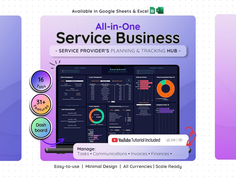 A laptop screen displaying a digital dashboard for a service business. The dashboard, labelled "All-in-One Service Business," shows data and charts. Text includes "16 Tabs," "31+ Features," and "Dashboard." Designed for service providers.