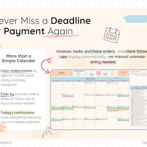 Dynamic calendar view inside product business template showing invoices, tasks, purchase orders, and client follow-ups automatically displayed. Color-coded events with filtering options and daily notifications panel. No manual entry required—data syncs automatically from sales, tasks, and purchases tabs. Helps track due dates and business deadlines visually.