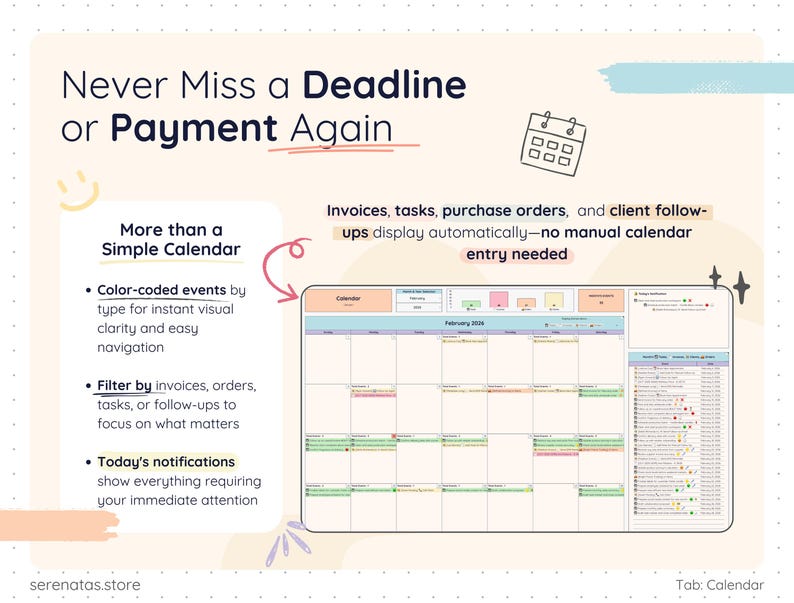 Dynamic calendar view inside product business template showing invoices, tasks, purchase orders, and client follow-ups automatically displayed. Color-coded events with filtering options and daily notifications panel. No manual entry required—data syncs automatically from sales, tasks, and purchases tabs. Helps track due dates and business deadlines visually.