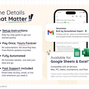 Detailed view of the Easy Annual Planner highlighting step-by-step setup instructions, fully automated formulas, pay-once lifetime access, and fast customer support. The planner requires no spreadsheet knowledge and includes guidance to help users get started quickly. Compatible with Google Sheets and Excel, with free lifetime updates included.