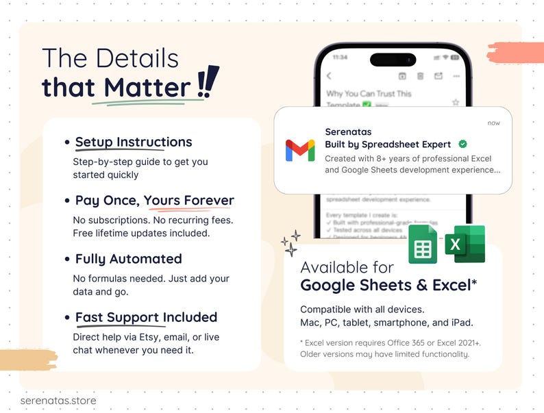 Detailed view of the Easy Annual Planner highlighting step-by-step setup instructions, fully automated formulas, pay-once lifetime access, and fast customer support. The planner requires no spreadsheet knowledge and includes guidance to help users get started quickly. Compatible with Google Sheets and Excel, with free lifetime updates included.