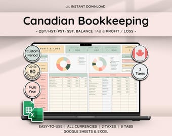 Canadian Bookkeeping Spreadsheet Template for Small Businesses | Profit and Loss | Income & Expense Tracker | Budget Spreadsheet