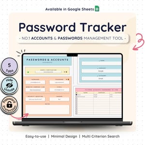Säker lösenordsorganisatör Google Sheets Inloggningsspårare Kontohanterare Digital lösenordslista Kalkylbladsmall Autentiseringsuppgifter