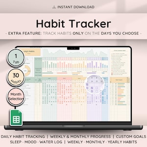 Op de afbeelding: Een laptop scherm met een digitale habit tracker. Het scherm toont een kalenderindeling met verschillende secties voor het bijhouden van gewoonten, met de tekst "Habit Tracker" bovenaan. Extra tekst bevat "DAILY HABIT TRACKING" en "WEEKLY & MONTHLY PROGRESS".