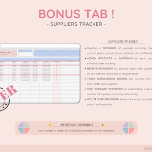 May include: A digital spreadsheet template with a pink and blue color scheme, labeled "BONUS TAB! - SUPPLIERS TRACKER". The template includes sections for supplier details and order tracking. Text includes "SPECIAL OFFER" and "IMPORTANT REMINDER".