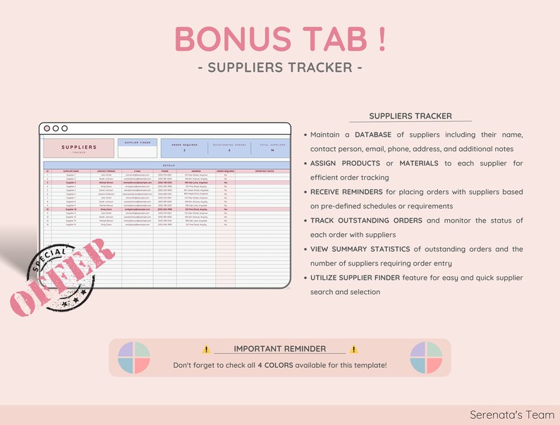 May include: A digital spreadsheet template with a pink and blue color scheme, labeled "BONUS TAB! - SUPPLIERS TRACKER". The template includes sections for supplier details and order tracking. Text includes "SPECIAL OFFER" and "IMPORTANT REMINDER".
