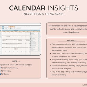 May include: A digital calendar interface with the text "CALENDAR INSIGHTS - NEVER MISS A THING AGAIN." The interface displays a monthly calendar with event details, features, and symbols for communications, invoices, and tasks. The calendar is customizable.