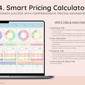 May include: A laptop screen displaying a spreadsheet with a pricing calculator. The spreadsheet has five tabs: Inventory, Price Calculator, Products, Instructions & Setup, and a fifth tab with a pie chart. The spreadsheet is designed to help businesses manage pricing and inventory.