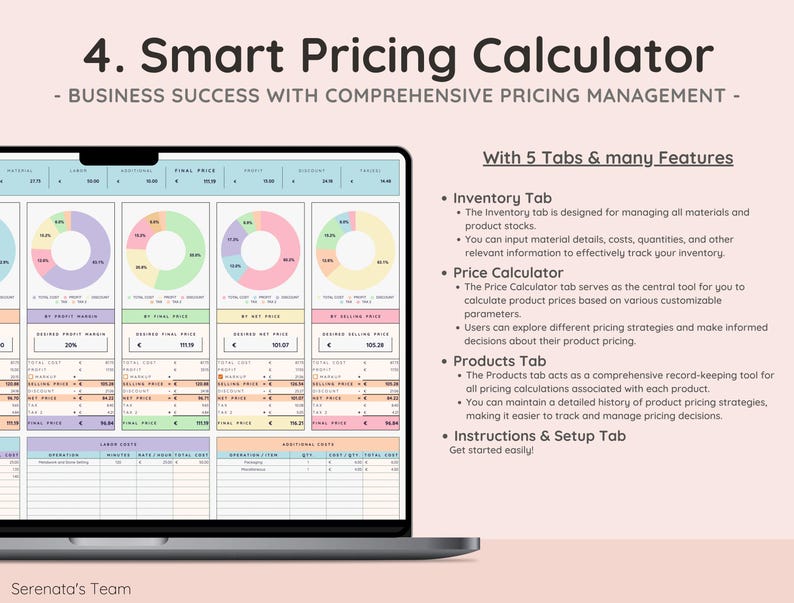 May include: A laptop screen displaying a spreadsheet with a pricing calculator. The spreadsheet has five tabs: Inventory, Price Calculator, Products, Instructions & Setup, and a fifth tab with a pie chart. The spreadsheet is designed to help businesses manage pricing and inventory.