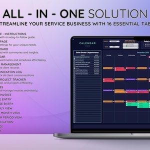 May include: A laptop screen displays a calendar interface with the text "ALL - IN - ONE SOLUTION". The screen shows a calendar with entries and a list of features including "Calendar", "Client Management", and "Invoices". The background is a gradient of purple and blue.