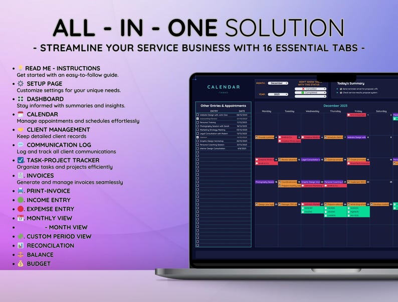 May include: A laptop screen displays a calendar interface with the text "ALL - IN - ONE SOLUTION". The screen shows a calendar with entries and a list of features including "Calendar", "Client Management", and "Invoices". The background is a gradient of purple and blue.