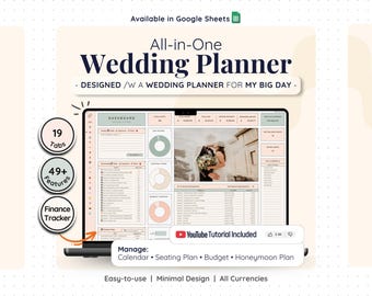 Planificador de bodas en Google Sheets, seguimiento de presupuesto, cronograma, lista de verificación, lista de invitados, plantilla de plano de asientos, planificación digital