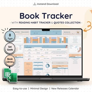May include: A laptop screen showing a digital book tracker with a reading habit tracker and quotes collection. The interface includes sections for setting goals, a book library, and tracking reading progress. The design is minimal and easy to use.