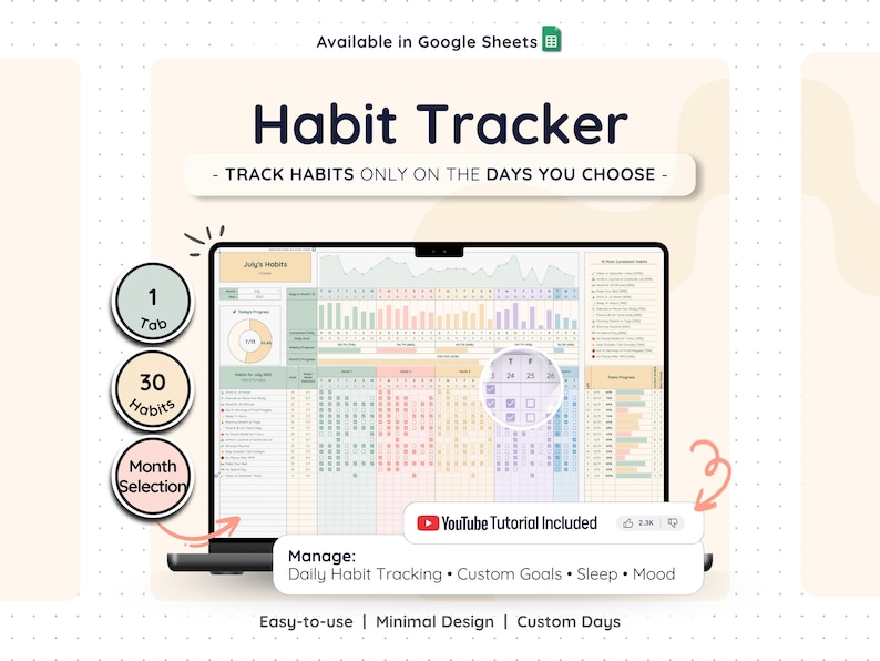 Habit Tracker Spreadsheet Template for Google Sheets. Track up to 30 habits with daily checkboxes, custom goals, and day-specific tracking. Includes weekly, monthly, and yearly planning, self-check for sleep, water, mood, and automatic progress updates. Beginner-friendly and works on any device.