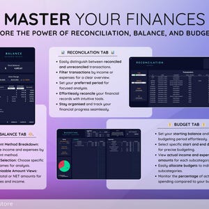 May include: A digital financial planning graphic with the text "MASTER YOUR FINANCES". It highlights features like reconciliation, balance, and budgeting. The image includes screenshots of financial dashboards and data analysis tools.