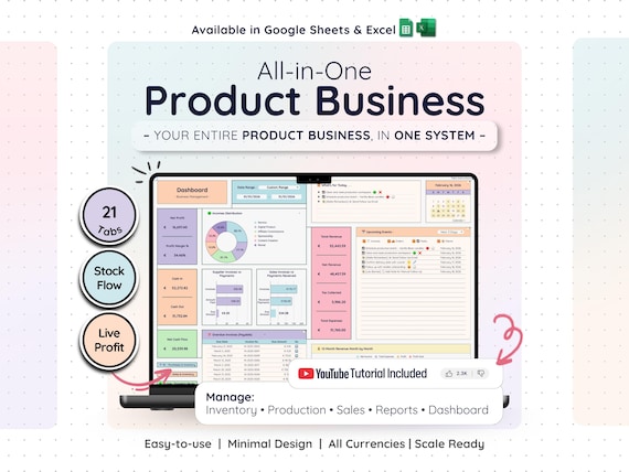 All-in-One Product Business Template Google Sheets & Excel – Complete Inventory Sales Management System (Rainbow)