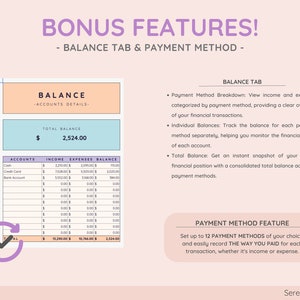 May include: A pink and purple graphic with the text "Bonus Features!" and "Balance Tab & Payment Method" in a white box. The graphic shows a table with the title "Balance - Accounts Details" and a total balance of $2,524.00. The graphic also includes a section titled "Balance Tab" with bullet points describing the features of the balance tab. The graphic also includes a section titled "Payment Method Feature" with a description of the payment method feature.