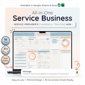Könnte beinhalten: Ein Laptop-Bildschirm zeigt ein Dashboard mit Datenvisualisierungen und Text. Der Text lautet "All-in-One Service Business" und "Service Provider's Planning & Tracking Hub". Zusätzlicher Text enthält "16 Tabs", "31+ Funktionen" und "Dashboard". Das Design ist minimalistisch und benutzerfreundlich.