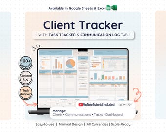 May include: A digital client tracker displayed on a laptop screen. The interface features charts, graphs, and data tables. Text on the screen includes "Client Tracker," "Task Tracker," and "Communication Log." Additional text highlights features like "100+ Categories" and "YouTube Tutorial Included."