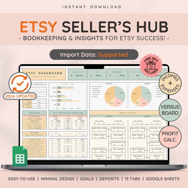 Etsy Buchhaltung Vorlage für Etsy Verkäufer | Etsy Buchhaltungs-Spreadsheet mit Profit and Loss, Income & Sales Tracker