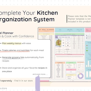 Smart Pantry shown as part of a complete kitchen organization system, alongside a separate meal planner template. Highlights how pantry tracking supports meal planning, recipe organization, grocery list generation, and overall kitchen efficiency. Meal planner not included in this product.