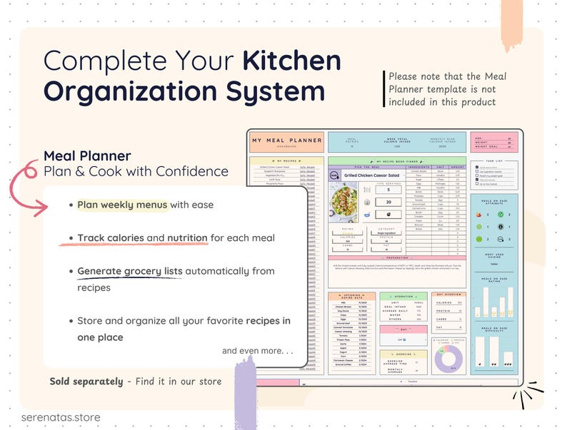 Smart Pantry shown as part of a complete kitchen organization system, alongside a separate meal planner template. Highlights how pantry tracking supports meal planning, recipe organization, grocery list generation, and overall kitchen efficiency. Meal planner not included in this product.